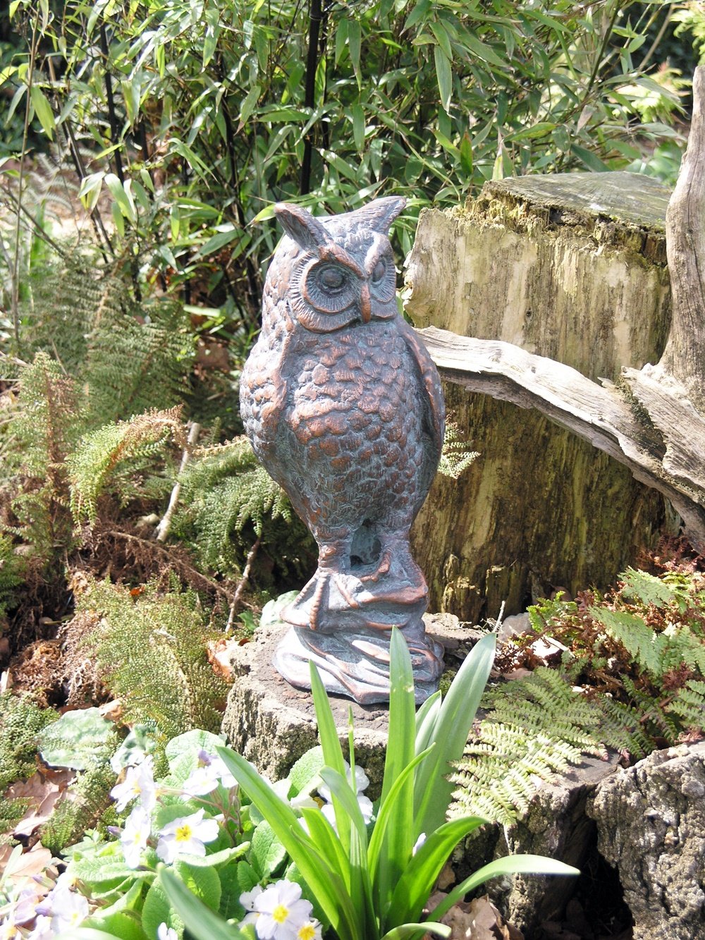 Delightful Cast Iron garden Sculpture of a Long Eared Owl hand finished into an Antique Verde Bronze