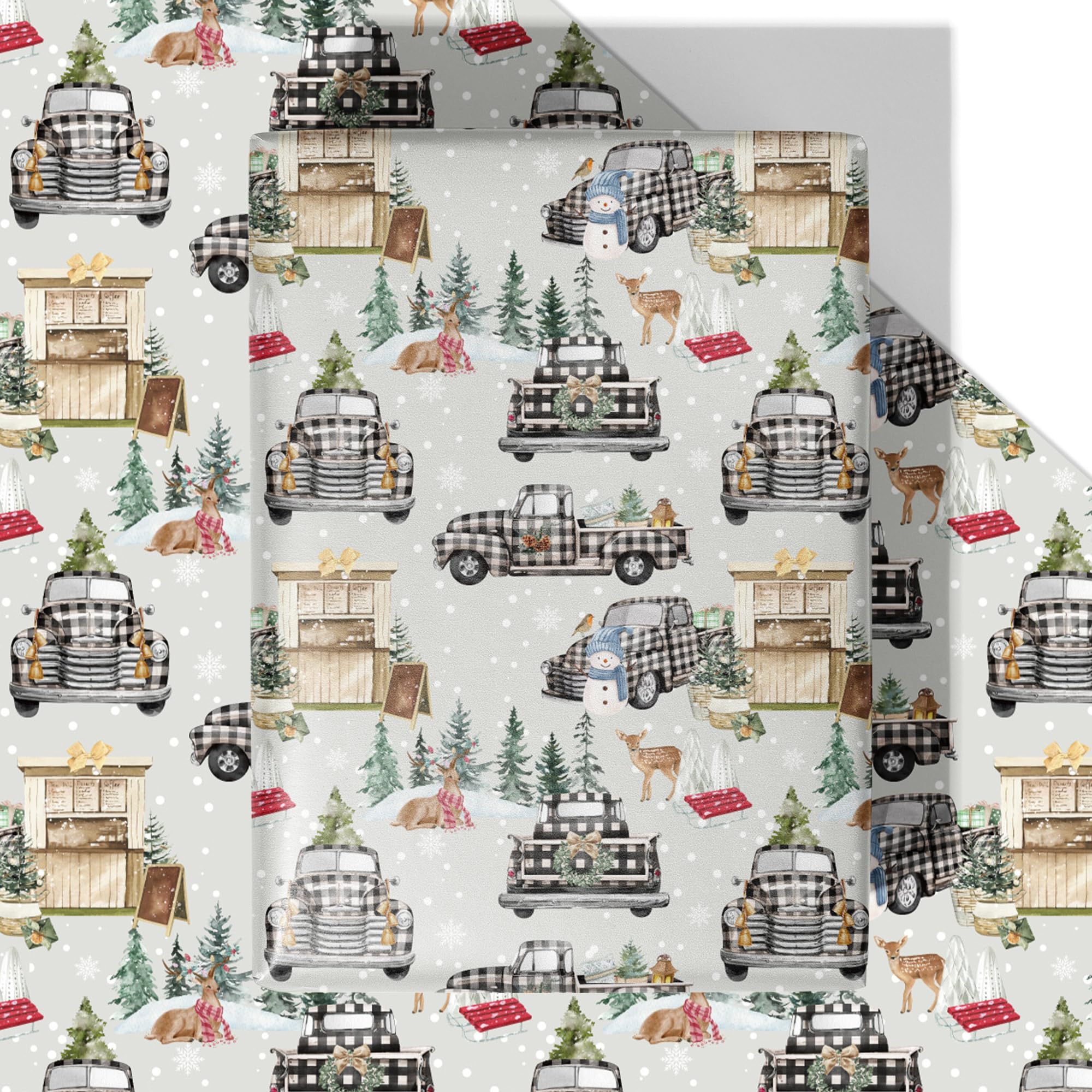 Photo 1 of (2 pcs)WRAPLULU Christmas Truck Wrapping Paper - 4 Jumbo Sheets, 28 * 40 Inches - Rustic Farmhouse Xmas Gift Wrapping Paper with Buffalo Plaid Pickup, Reindeer & Snowmen, Perfect for Kids Adults Christmas