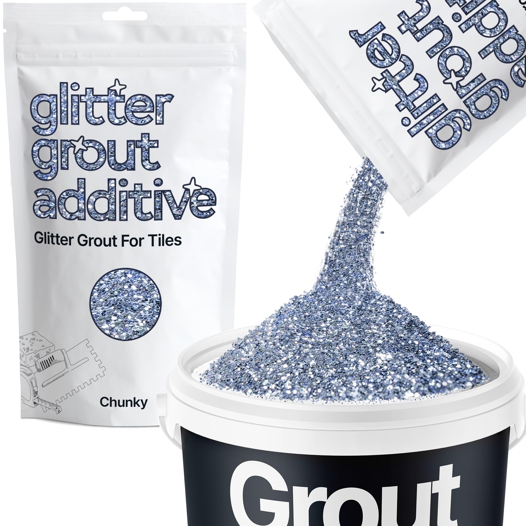 Hemway Azure Blue Glitter Grout Additive Chunky 100g Metallic Flakes for Adding Sparkle to Kitchen & Bathroom Tiles | Enhance Your Indoor Grouting Projects with a Durable Sparkly Effect