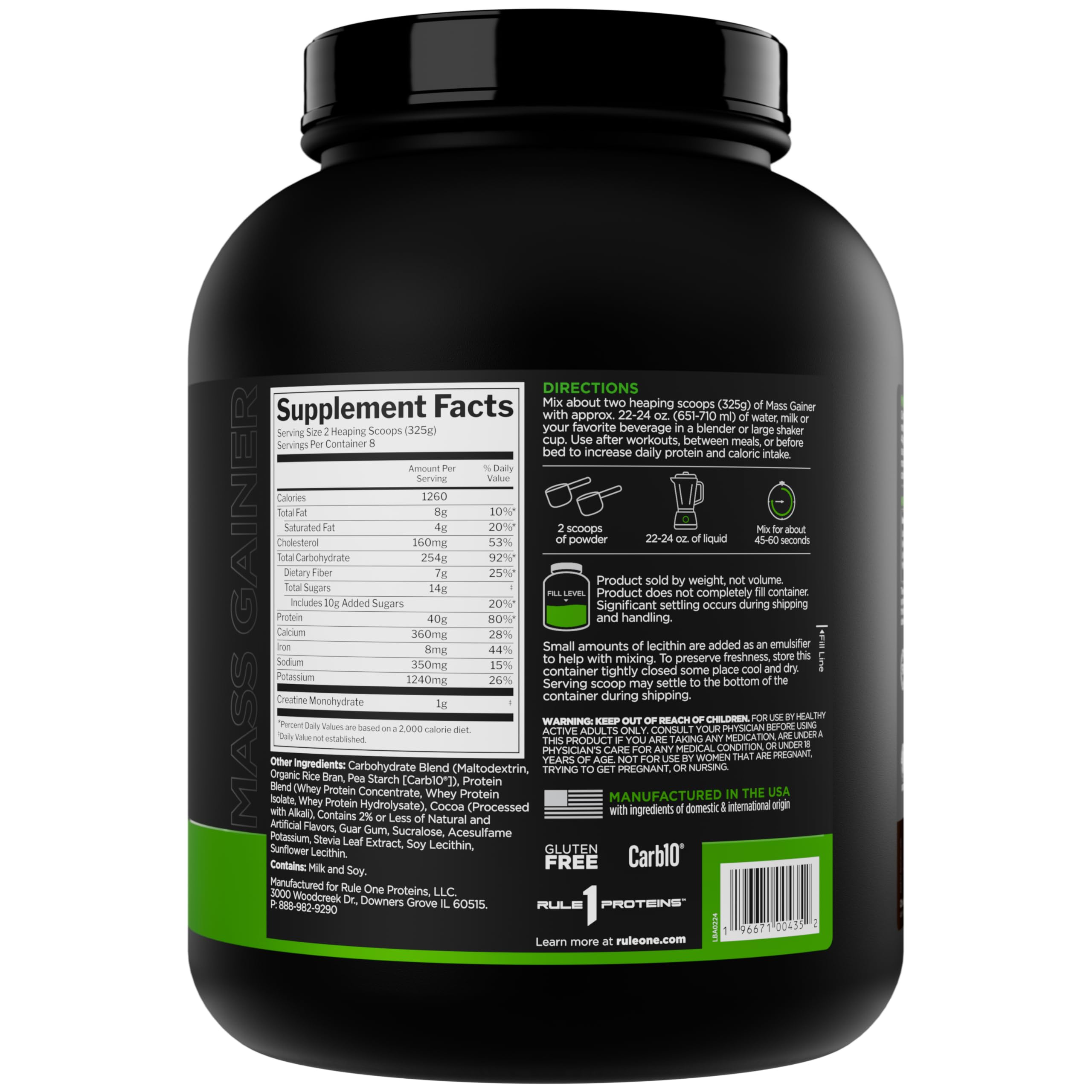 Rule 1 Mass Gainer - High-Calorie Weight Gain Formula with 1,220+ Calories, 250g+ Complex Carb Blend, 40g All-Whey Protein Per Serving (8 Servings, Chocolate Fudge)