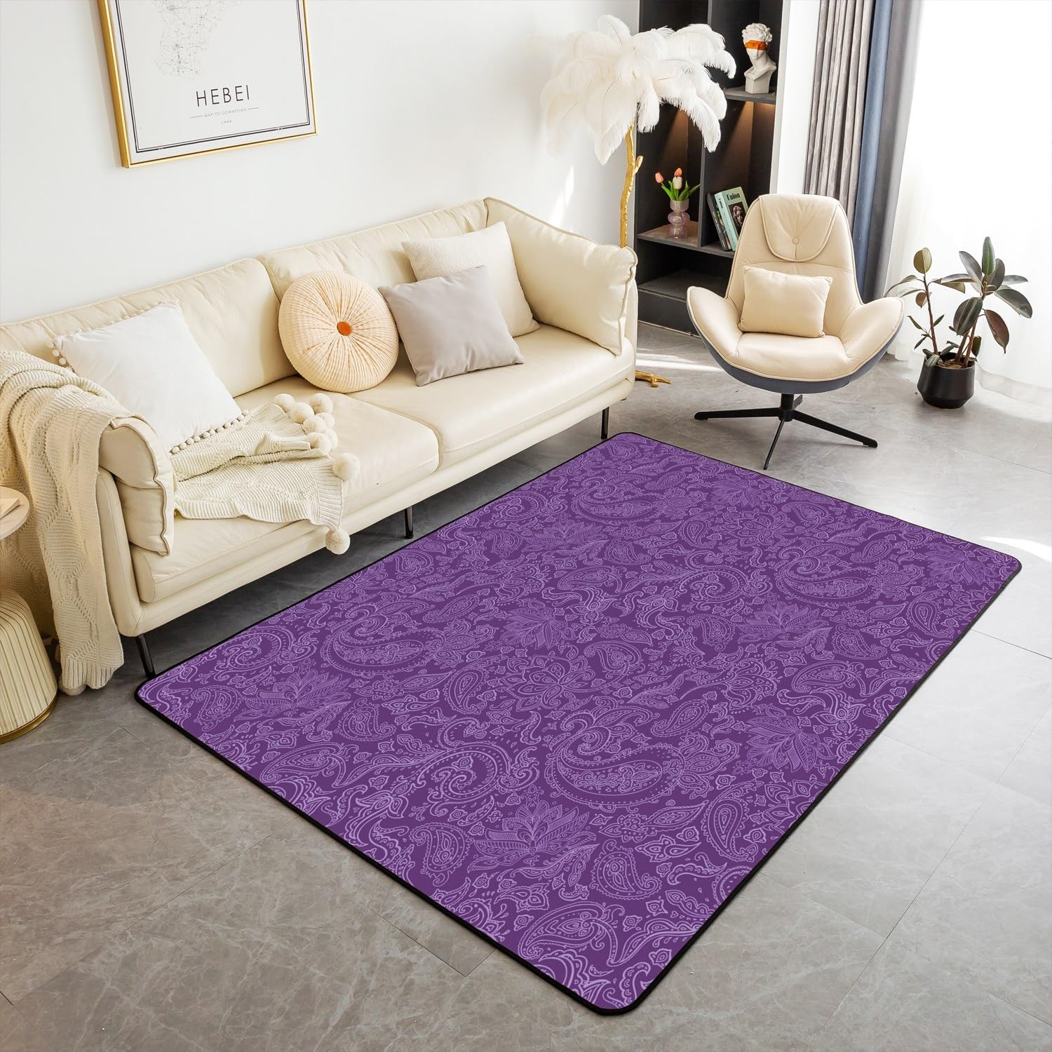 Bedluxy Vintage Purple Floral Living Room Rug - 100 * 150cm Paisley Boho Decorative Rug for Kids & Toddler Indoor Floor Mat