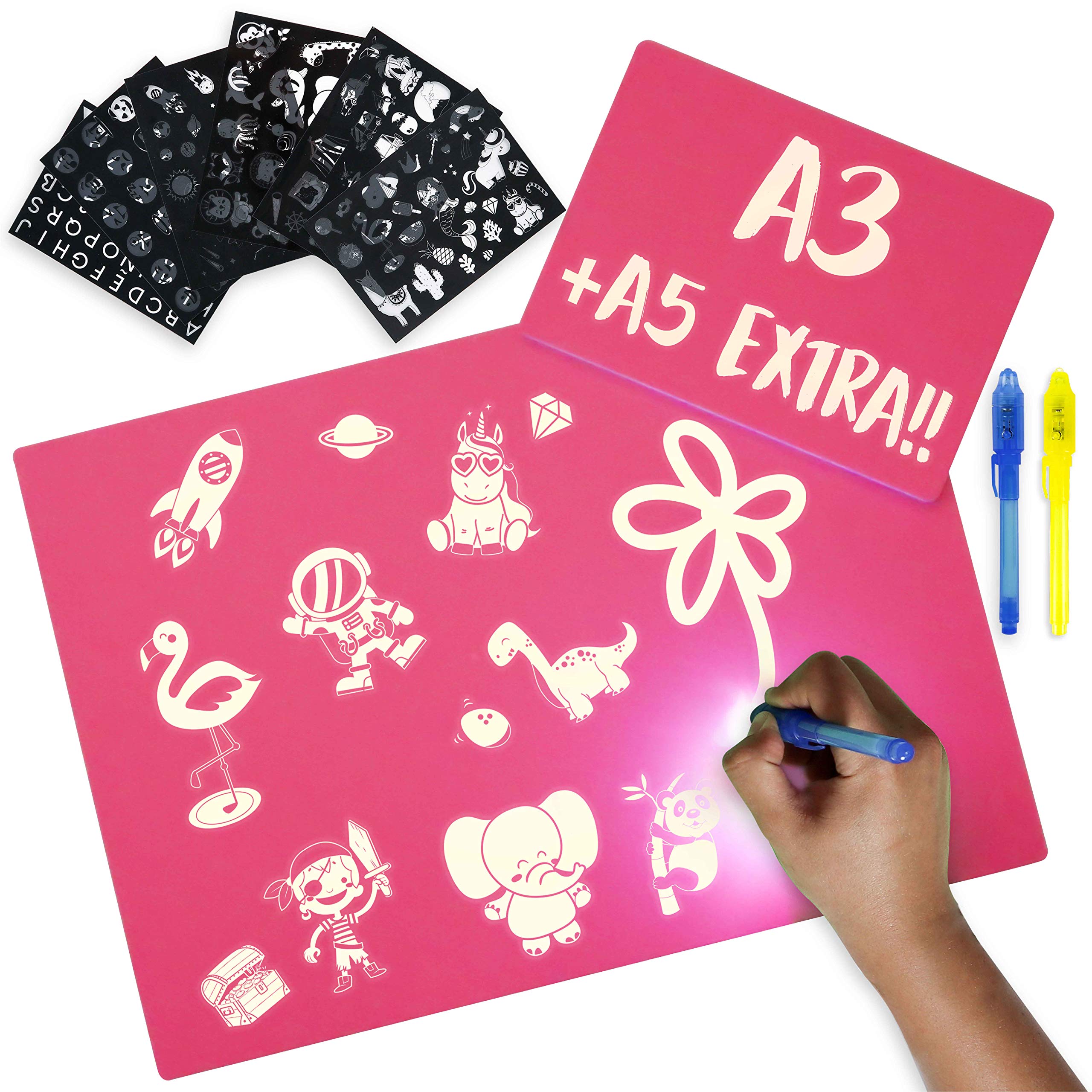 Pink Light Drawing Board Kids A3 and A5, 6 Stencils and 2 Spy Pens - BONNYCO | Girls Toys 4 5 6 7 8 9 10 Years Old | Glow Pad Kids Toys & Gifts for Girls for Birthday and Christmas | Light Drawing