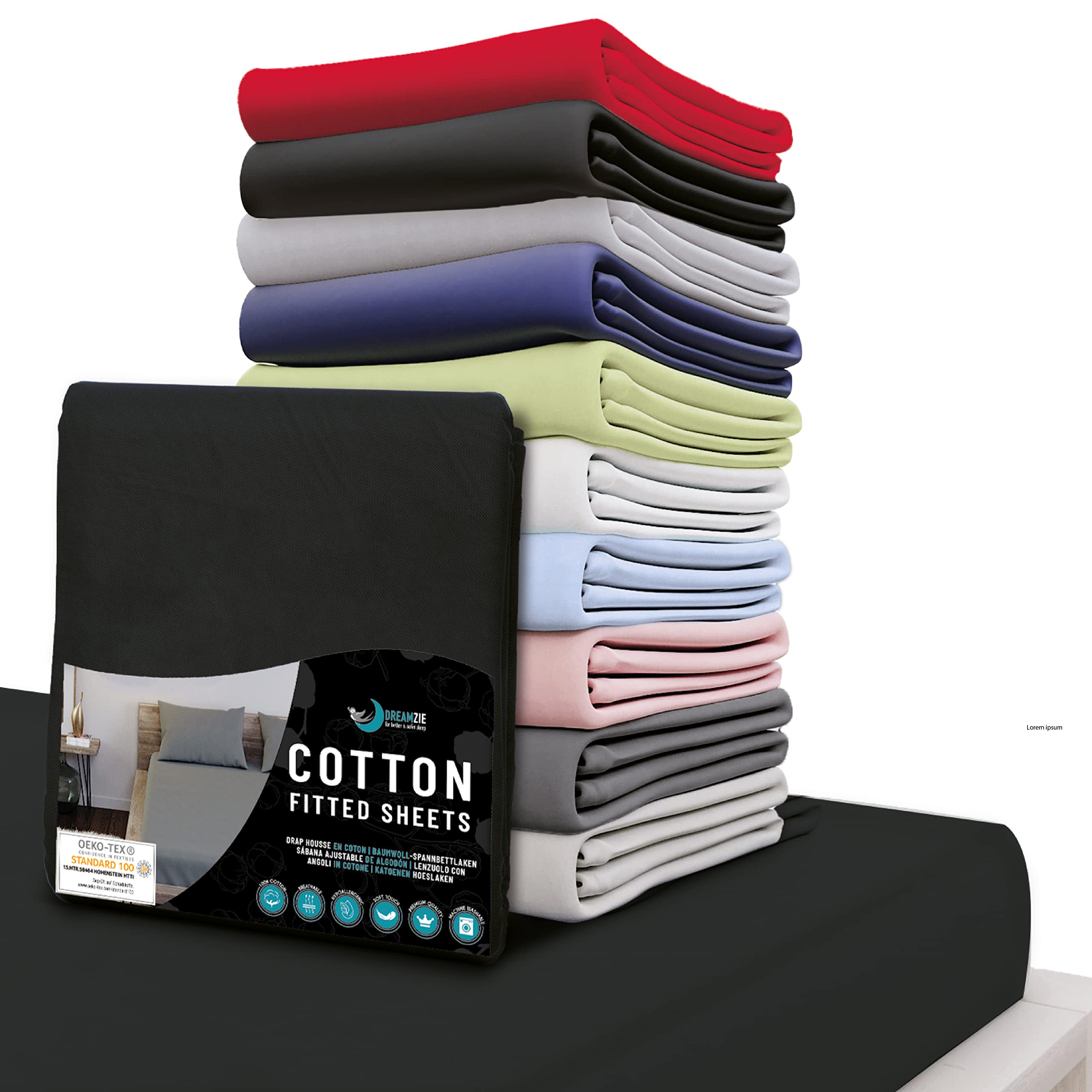 Dreamzie - Fitted Sheet 70x190/200-100% Jersey Cotton Oeko Tex Certified - Black - Bed linen