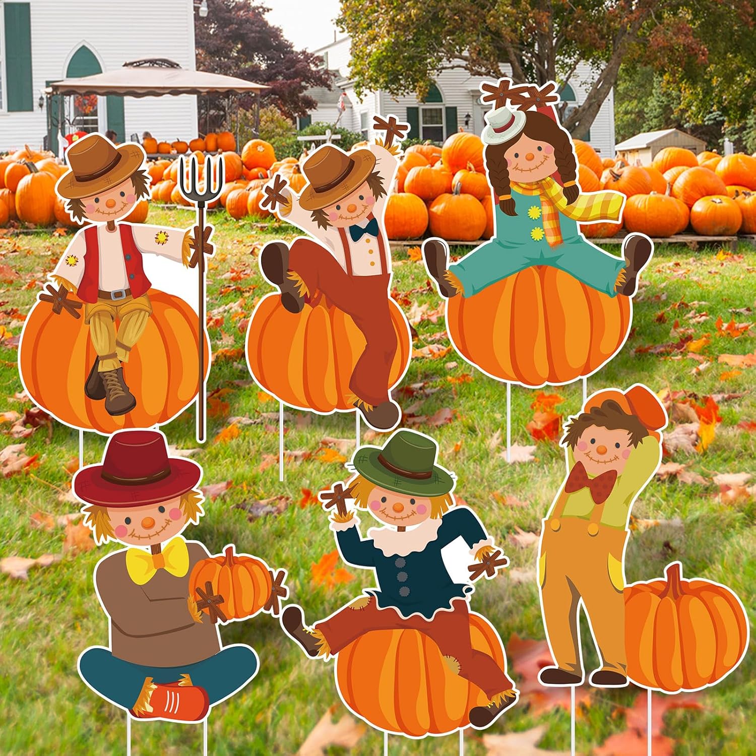 Yard Signs - 6 Pcs Fall Thanksgiving Yard Signs Scarecrow Outdoor Lawn Signs Fall Autumn Scarecrow Decor Fall Decorations, Thanksgiving Decorations Harvest Fall Pumpkin with Stakes Outdoor Decor, 12.6 x 16.1 Inch