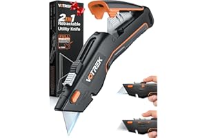 VOTREK Box Cutter Utility Knife, [2-in-1] Retractable Box Cutter, Safety Heavy Duty Sharp Razor Knife for Home & Warehouse Cardboard, Carpet, Blade Storage, with Extra Razor & Hook Blades (Orange)