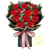 Mosstory Flower Bouquet 12-Piece Red Preserved Roses Bouquet with Led Lights Gift for Women Wife Mother Day Wedding Anniversary Birthday (Black)
