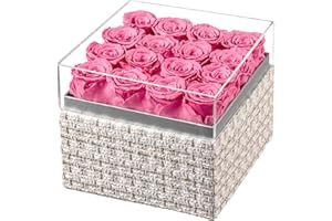 Eterfield Forever Flowers Preserved Roses Real Roses That Last a Year Rose Box Gifts for Her Mothers Day Valentines Day Christmas (Square Gold White Plaid Box, 16 Pink Roses)