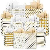 KEEPARTY Assorted Sizes Gold Foil Gift Bags with Tissue Paper Suitable for Many Occasions Set of 10 with 6 Design Styles 4 Small 4 Medium and 2 Large Gift Bags