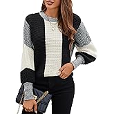 SunnyMelody Womens Cute Color Block Puff Sleeve Sweater Winter 2025 Ladies Trendy Crew Neck Knit Pullover Tops