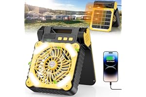 DOWILLDO Solar Powered Fan for Camping, 10400mAh Rechargeable Battery Operated Portable Fan with LED Lantern, 4 Speeds Powerful Wind and 3 Timer Table Fan, for Picnic, Hurricane, Fishing (Yellow)