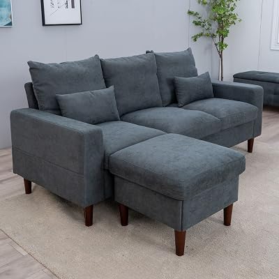 Panana Grey Fabric Corner Sofa 3 Seater with Ottoman L Shape Living Room Suite