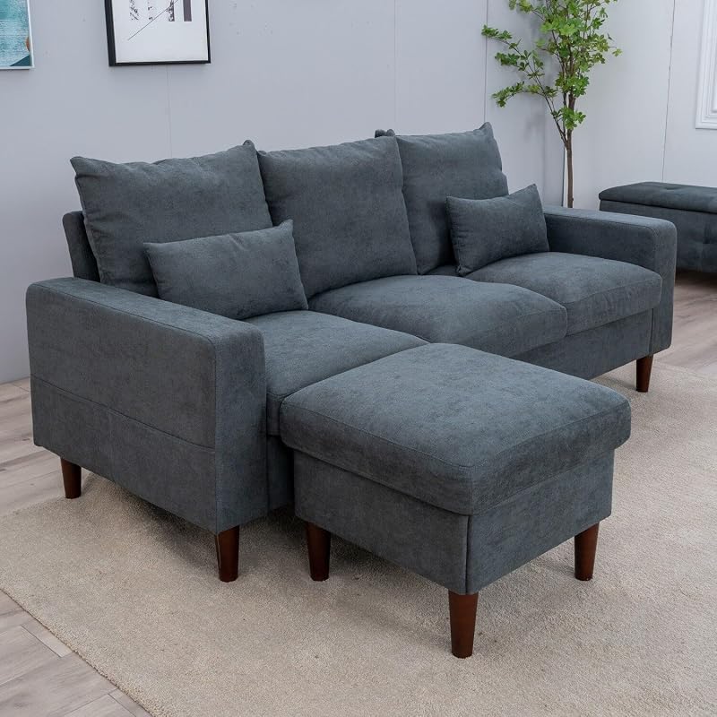 Panana Grey Fabric Corner Sofa 3 Seater with Ottoman L Shape Living Room Suite
