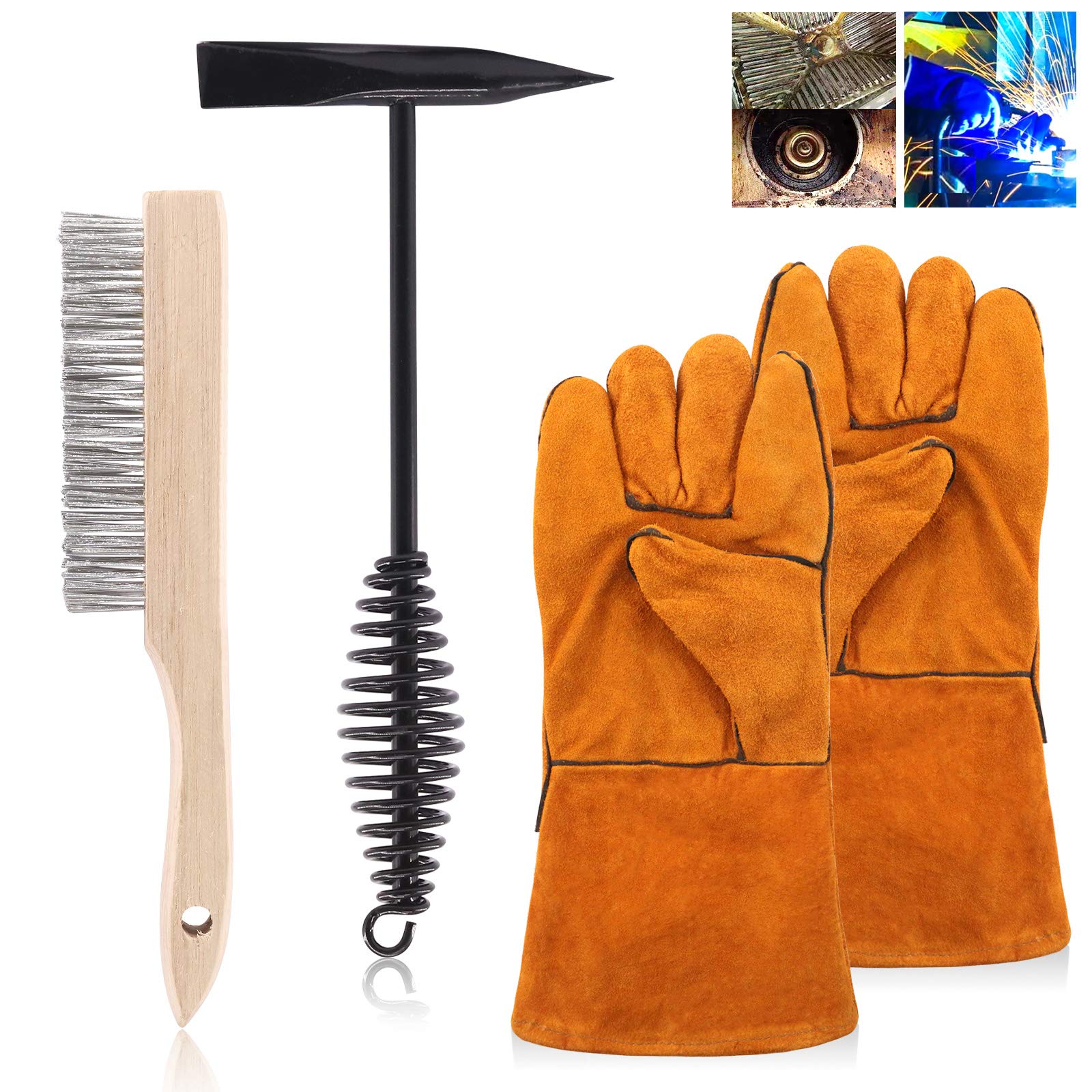 Keadic 4Pcs 10 Inch Scratch Wire Brush Welding Hammers Slag Removal Tool with Welding Gloves,10 Inch Welding Chipping Hammer with Steel Coil Spring Handle for Cleaning Removing Slag
