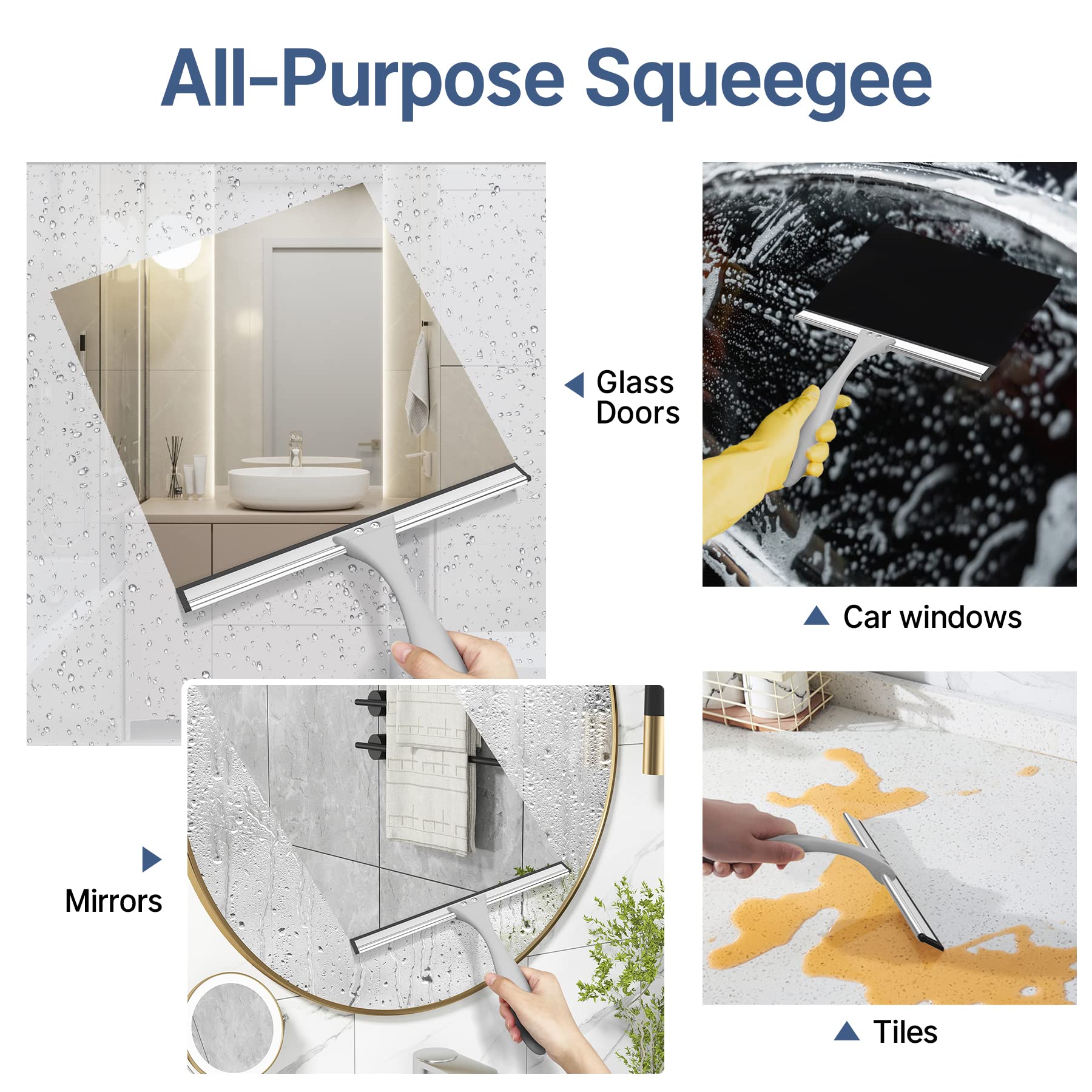 AmazerBath Squeegee for Shower Glass Door, All-Purpose Squeegee with Hook for Shower Doors, Windows, Mirrors, Tiles and Car Glass, 10 Inches