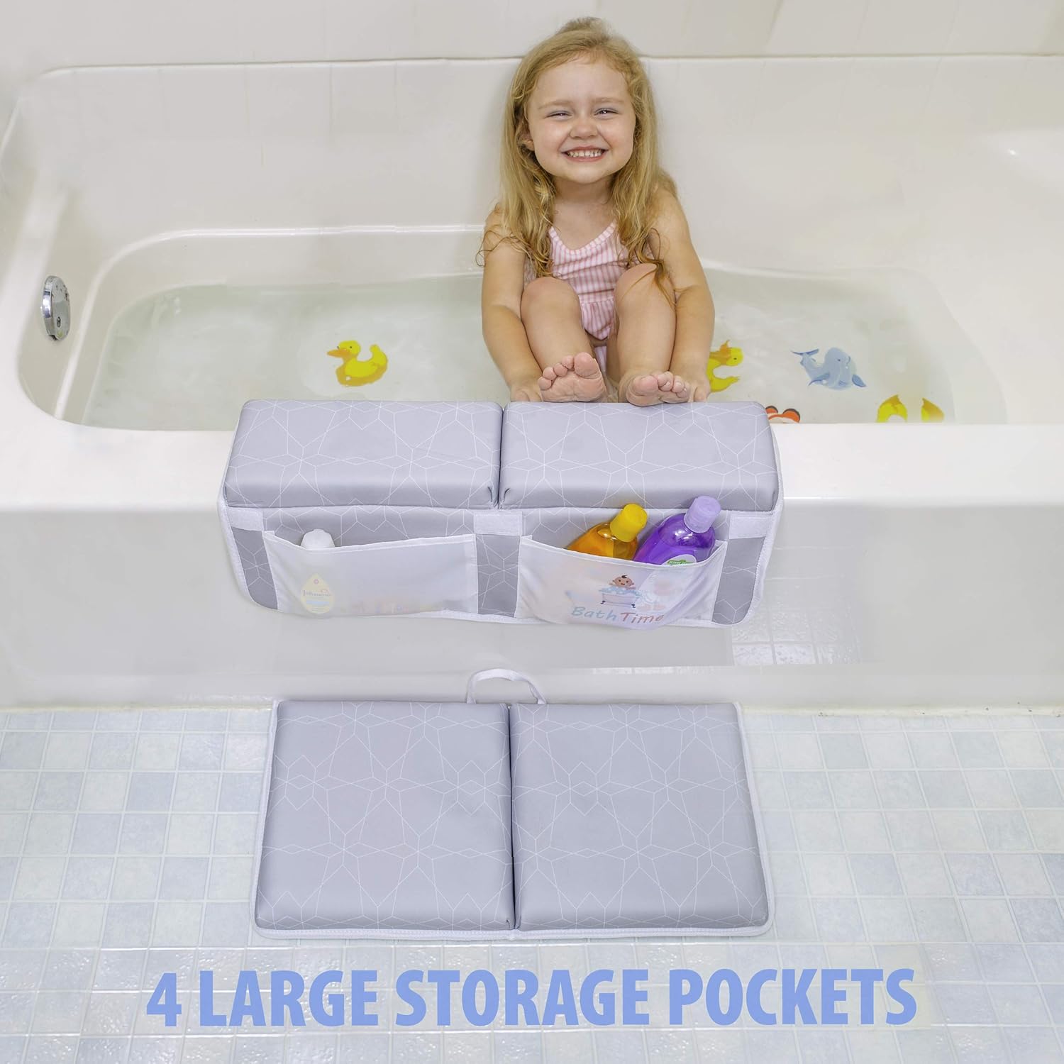 BathTime Bath Kneeler and Elbow Rest Pad - 1.75-Inch Knee & Arm Support Pads with 8 Suction Cups - Set Includes Storage Tote Bag, Bathing Sponge, Rinse Cup, Baby Toys - Portable Cushioned Accessories : Baby
