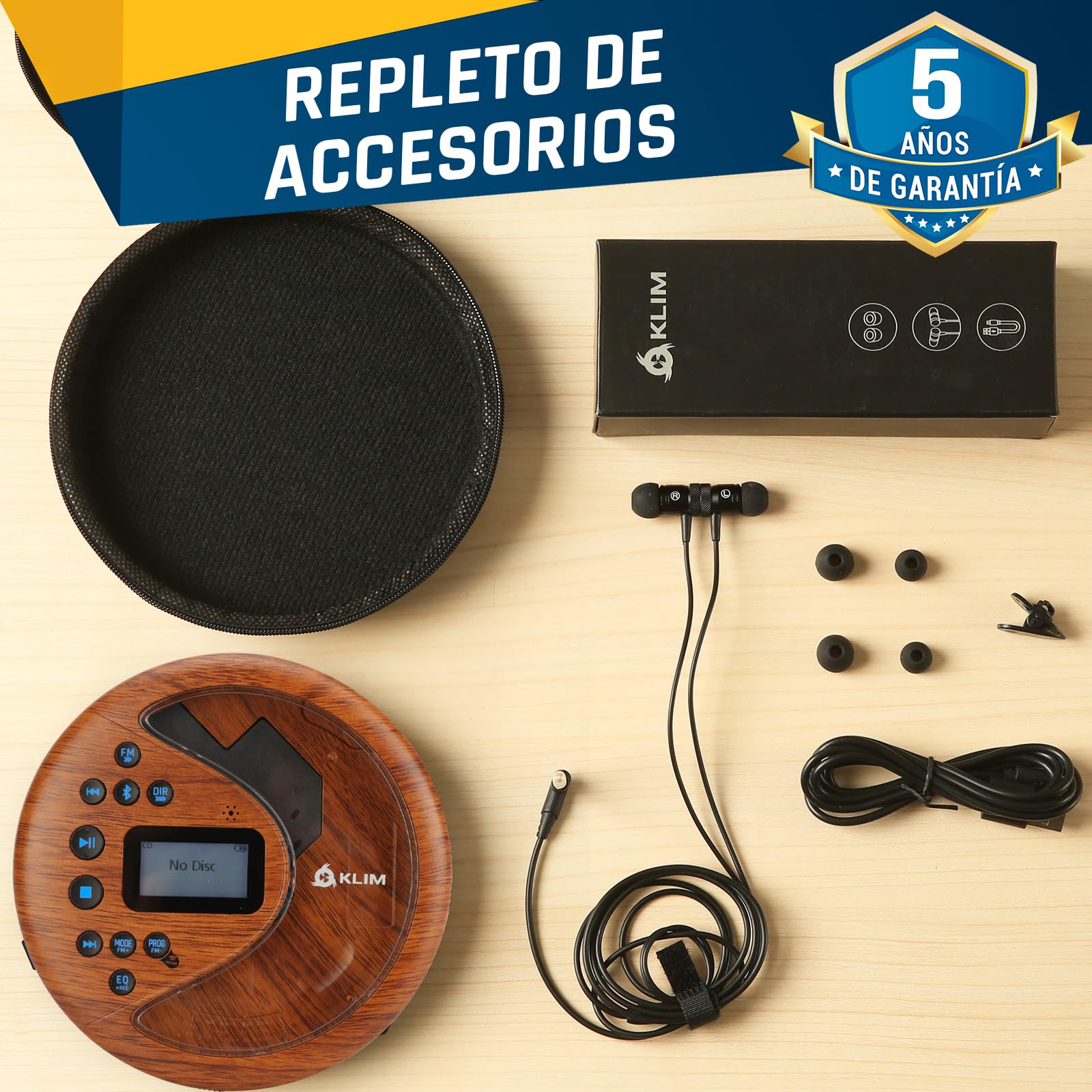 KLIM Discover Wood + Portable CD Player Walkman with Long-Lasting Battery + New + with Headphones + Radio FM + MP3 CD Player Portable + SD Card, FM Transmitter, Bluetooth + Ideal for Cars