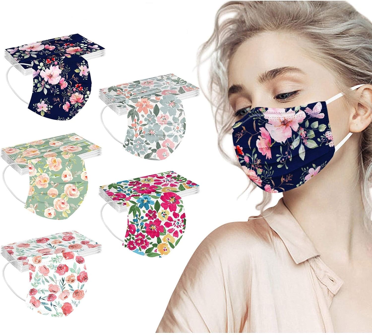 50PC Floral Disposable Face_Mask for Adults 3 Layers