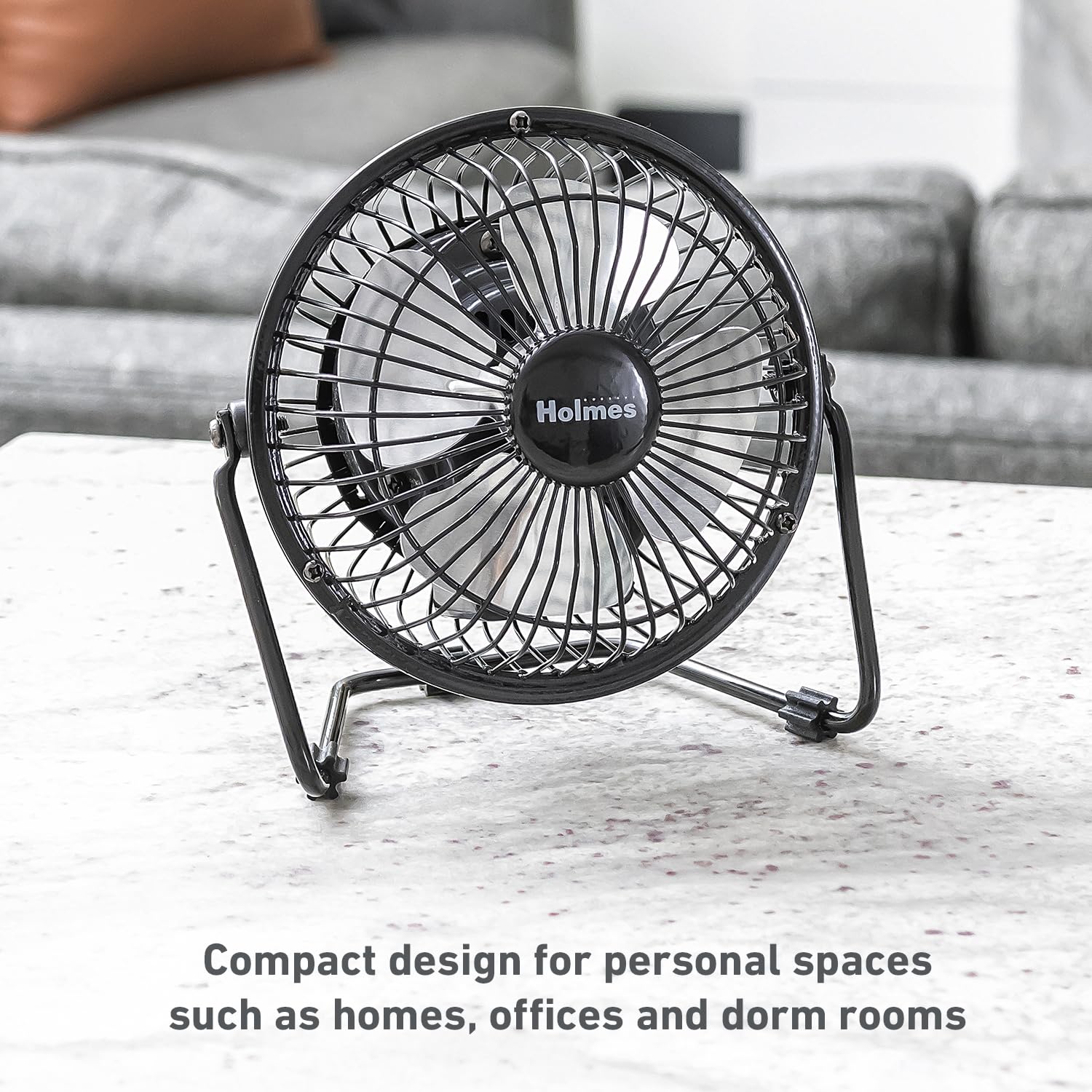 HOLMES 4" Mini High-Velocity Personal Desk Fan, 4 Blades, Adjustable 360° Head Tilt, Durable Metal Construction, Single Speed, Ideal for Home, Dorm Rooms, Bedrooms, or Offices, Black