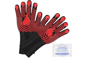 KUWANI BBQ Gloves, 1472°F Heat Resistant Gloves Fireproof Mitts，Grilling Gloves Silicone Non-Slip Washable Oven Gloves, Kitchen Gloves for Barbecue, Grilling, Cooking, Baking, Camping, Smoker (Red)