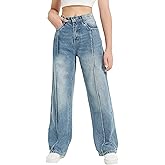 EXARUS Girls Jeans Baggy Wide Leg Cute Teen Denim Pants Junior Mid Rise Elastic Band with Pockets Casual Clothes