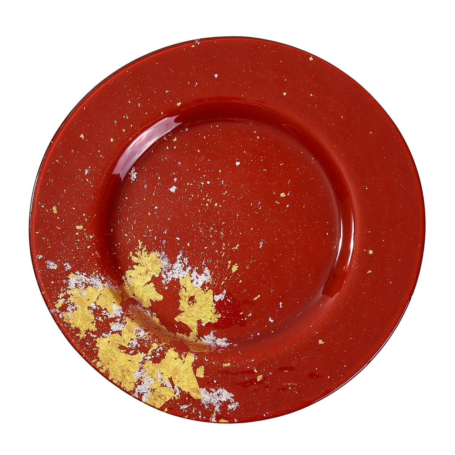 Syosaku Japanese Urushi Glass Dinner Plate Φ12.5-inch Vermilion with Gold Leaf, Dishwasher Safe — image 1