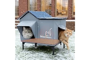 BraveDream Large Cat House with Heating Pad, Insulated Weatherproof Cat House for Feral Cats, Escape Door, Elevated, Clawsable, Foldable, Outdoor Heated Pet House for Winter, Garden, Patio, Backyard