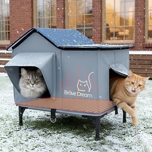 BRAVEDREAM LARGE CAT HOUSE WITH HEATING PAD, INSULATED WEATHERPROOF CAT HOUSE FOR FERAL CATS, ESCAPE DOOR, ELEVATED, CLAWSABLE, FOLDABLE, OUTDOOR HEATED PET HOUSE FOR WINTER, GARDEN, PATIO, BACKYARD