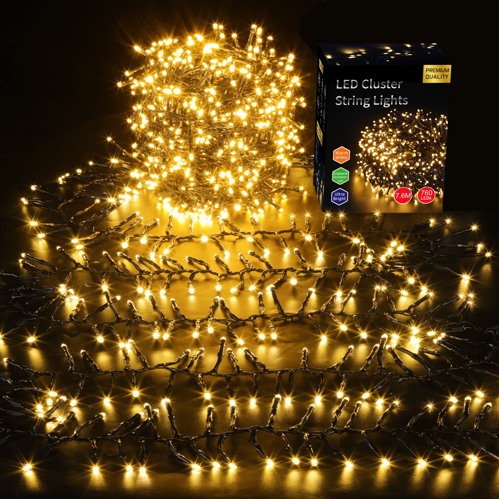 Photo 1 of Areker Christmas Cluster Lights,760LED Warm White Christmas Tree Lights 25ft,8 Modes&Memory Function with Dark Wire, Waterproof Christmas String Lights Outdoor,Indoor,Garden,Wedding