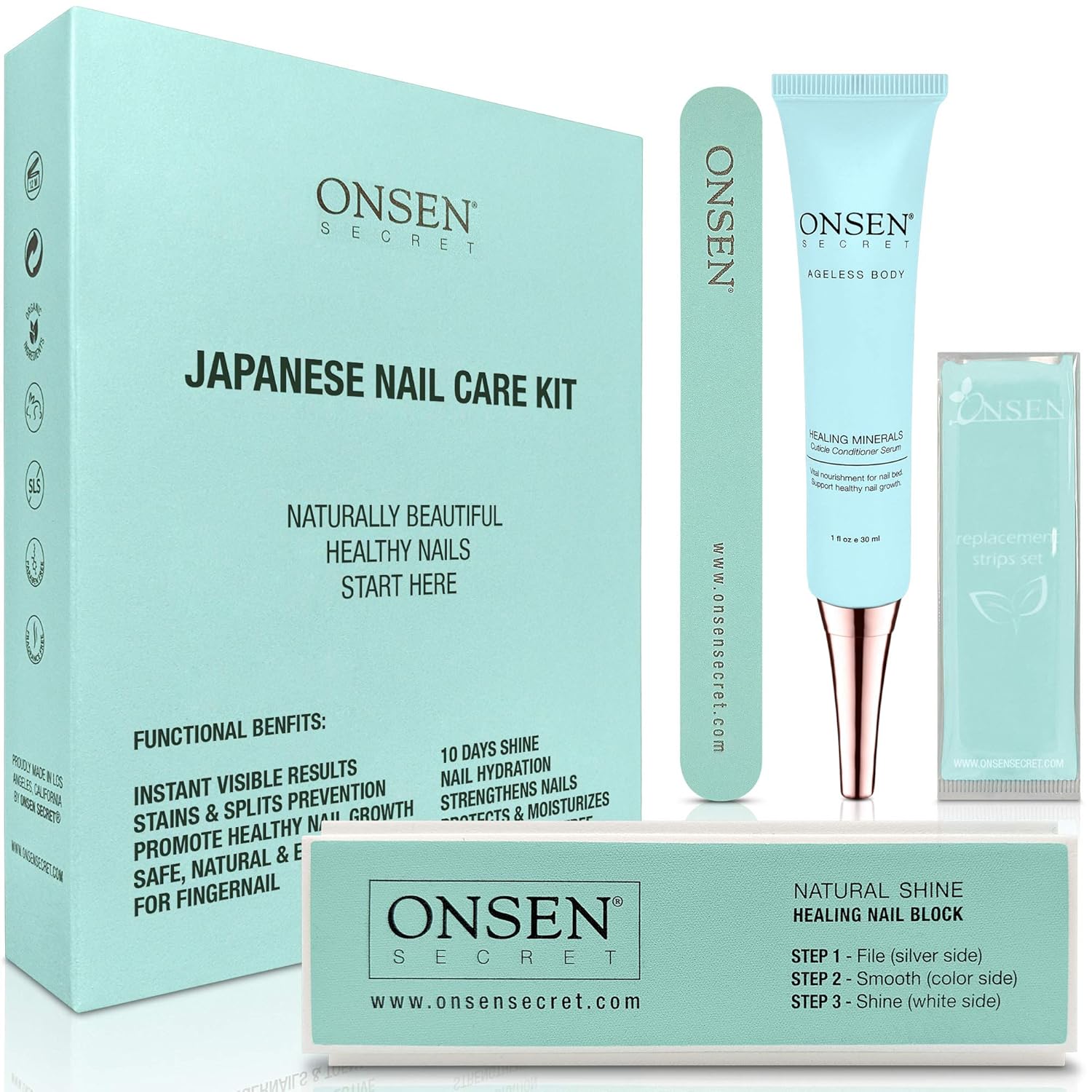 Onsen Japanese Nail Buffer and Shine Kit - Professional Nail File, 3-Way Nail Buffer Block with Free Replacement Pads and Nail Strengthening Cuticle Cream for Healthy Nails, Travel Size Nail Care Kit : Beauty
