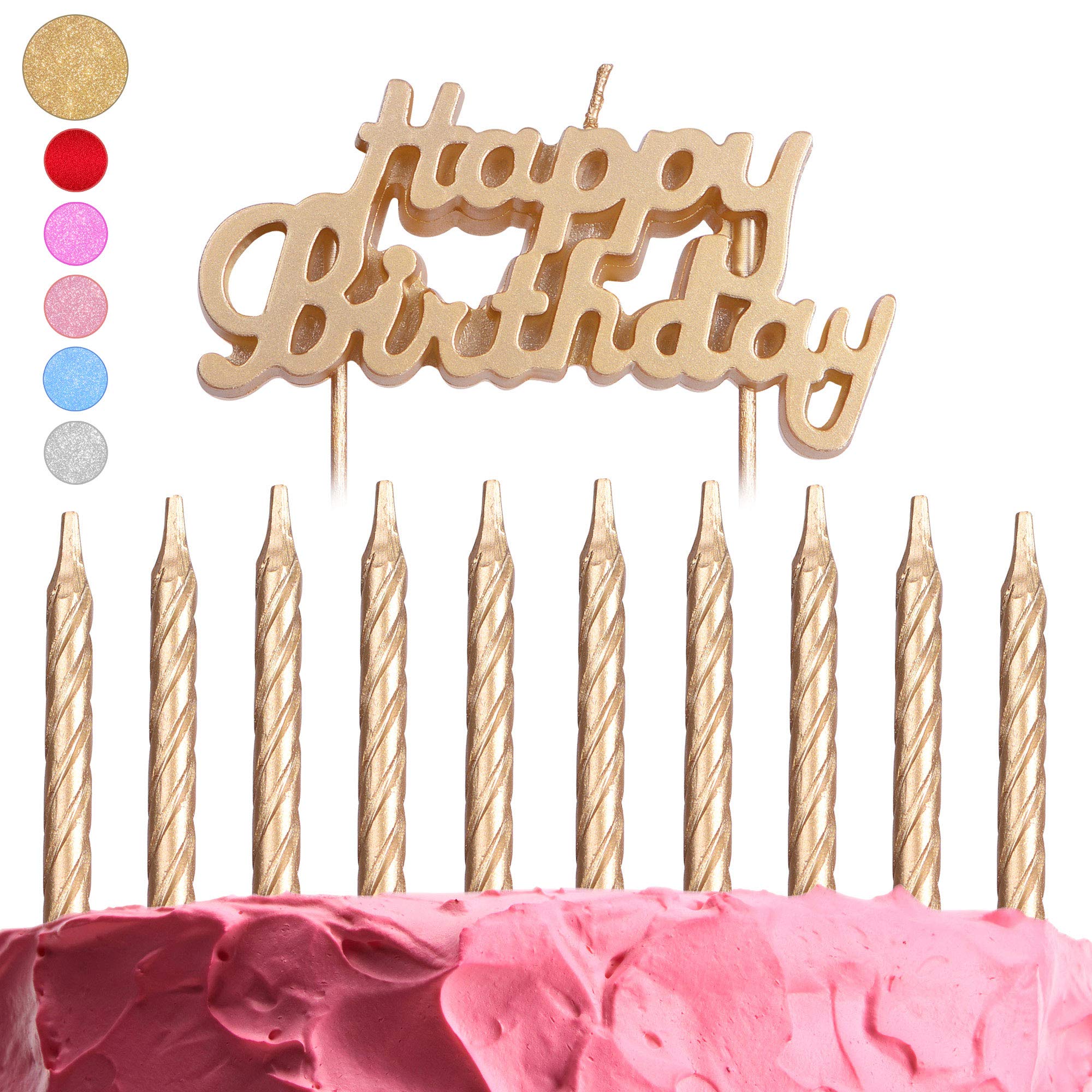 GET FRESH Gold Birthday Cake Candles 10-Pack Spiral and Happy Birthday Cake Toppers Elegant Bday and Letter Cake Decoration — image 1