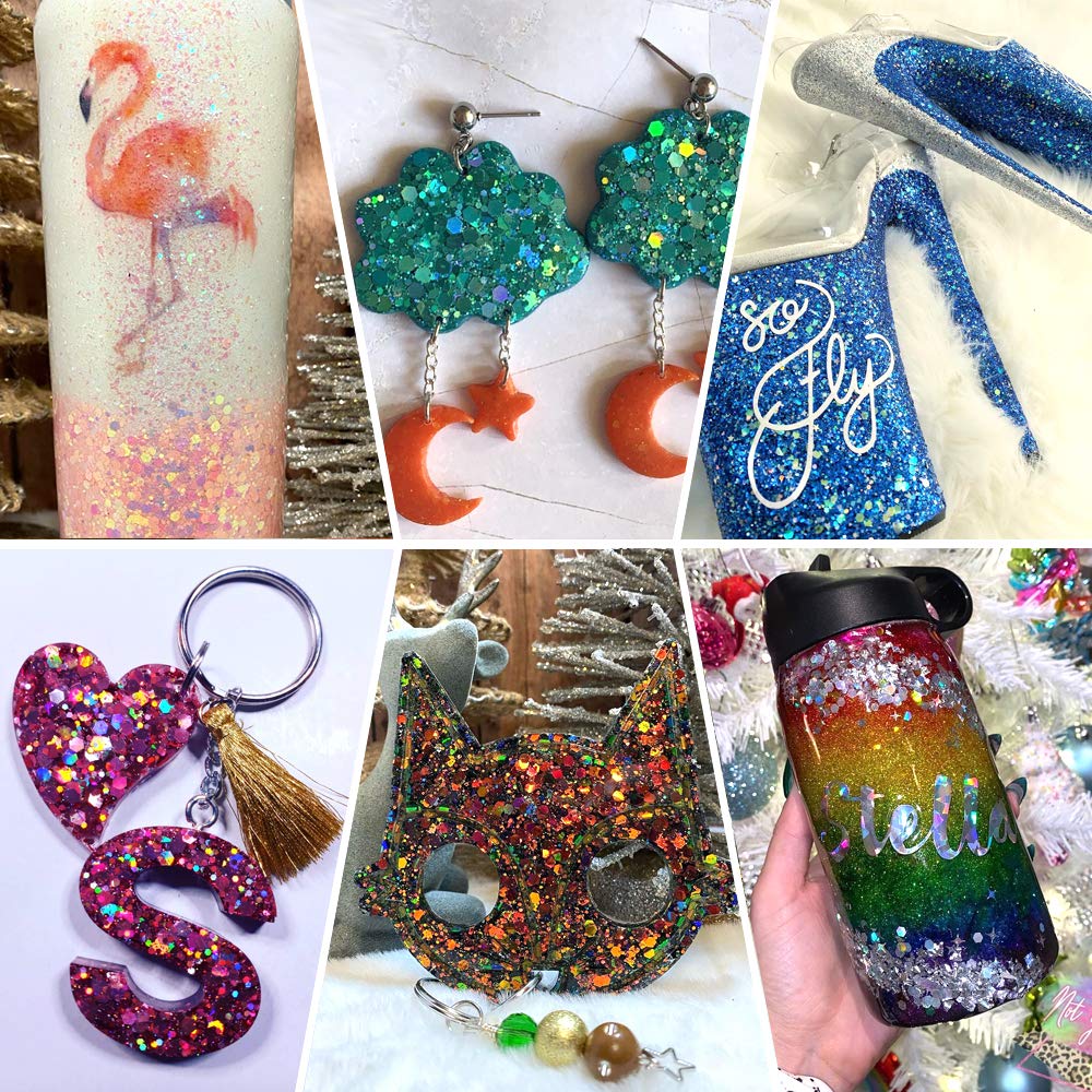 Holographic Chunky Glitter Sequins, 12 Colors Mixed Cosmetic Glitter for Face Body Eye Hair Nail Art Lip Gloss Makeup, Festival Glitter with Different Hexagons Size and Stars (Laser Mix)