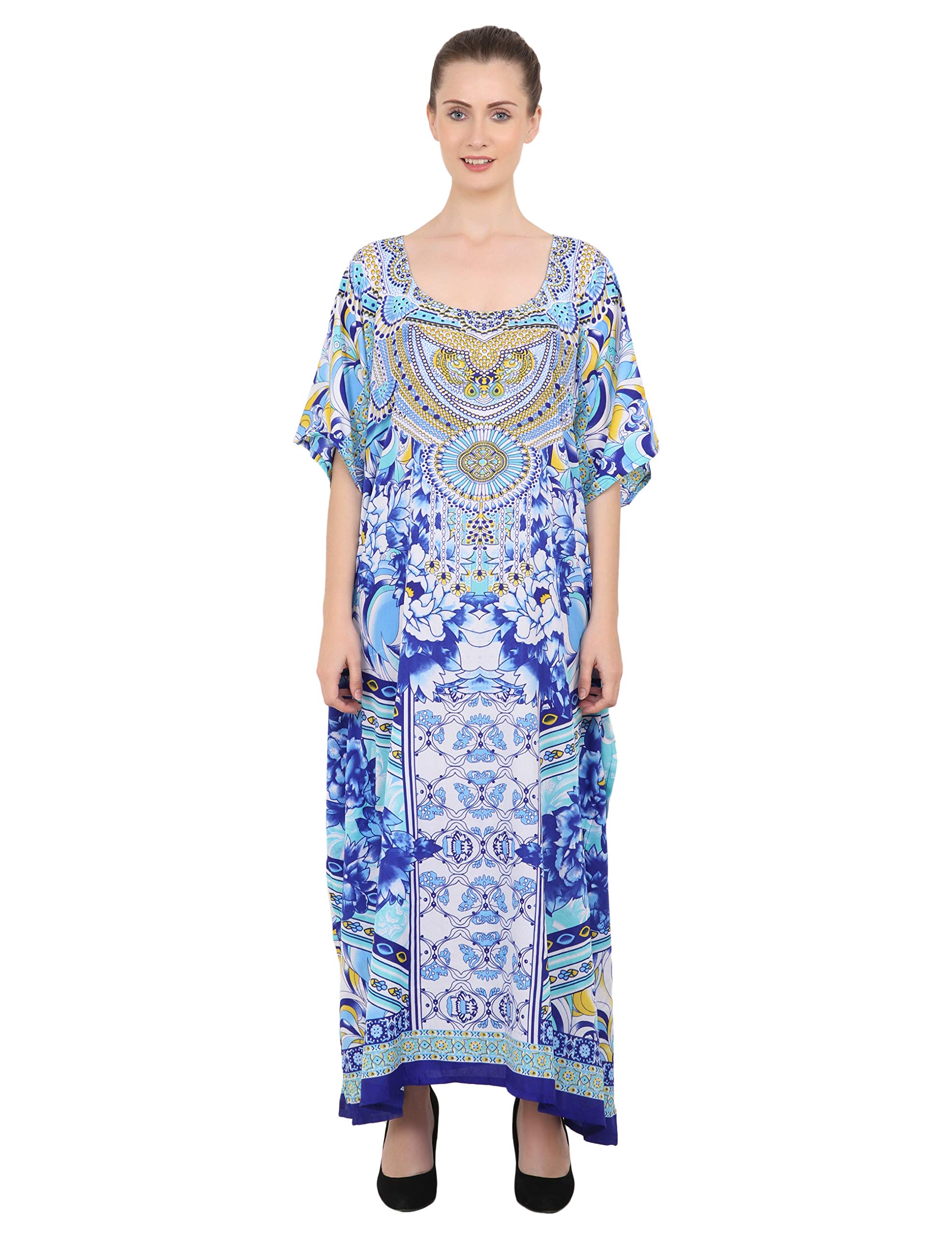 Miss Lavish London Kaftan for Women Dress V Neck Summer Swimsuit Cover Up Blue Caftan Maxi Beach Dress, Plus Size African Kaftan with Batwing Sleeves, Side Slit & Pockets, Womens Resort Wear Coverup