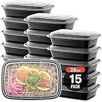 PROMOZE 15-Pack Meal Prep Plastic Microwavable Food Containers with Tight Safety Lid Covers (28 oz.) - Black Rectangular Reus