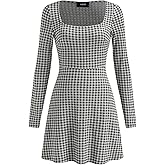 CIDER Gingham Long Sleeve Dress Square Neck A Line Mini Dress