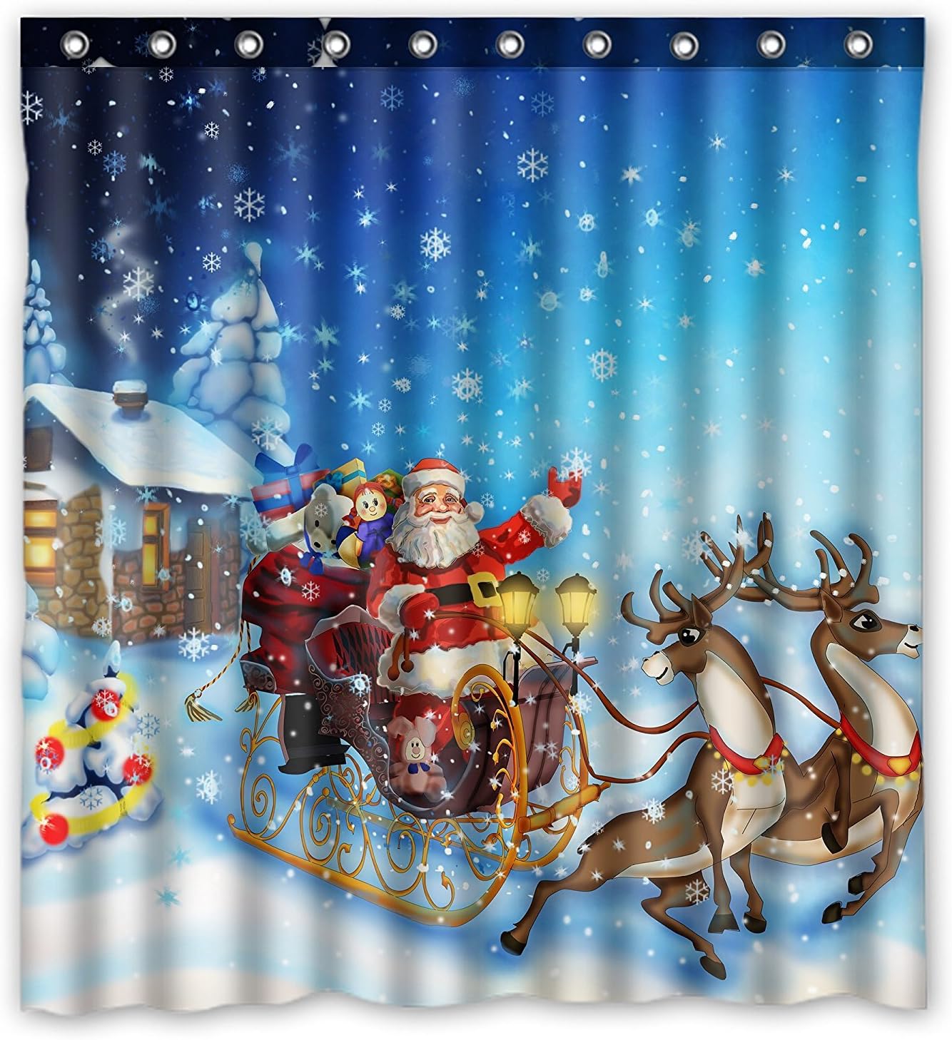 FMSHPON Winter Holiday Merry Christmas Deer Pull The Santa Claus Snowflakes Beautiful Shower Curtain Size 66x72 inches