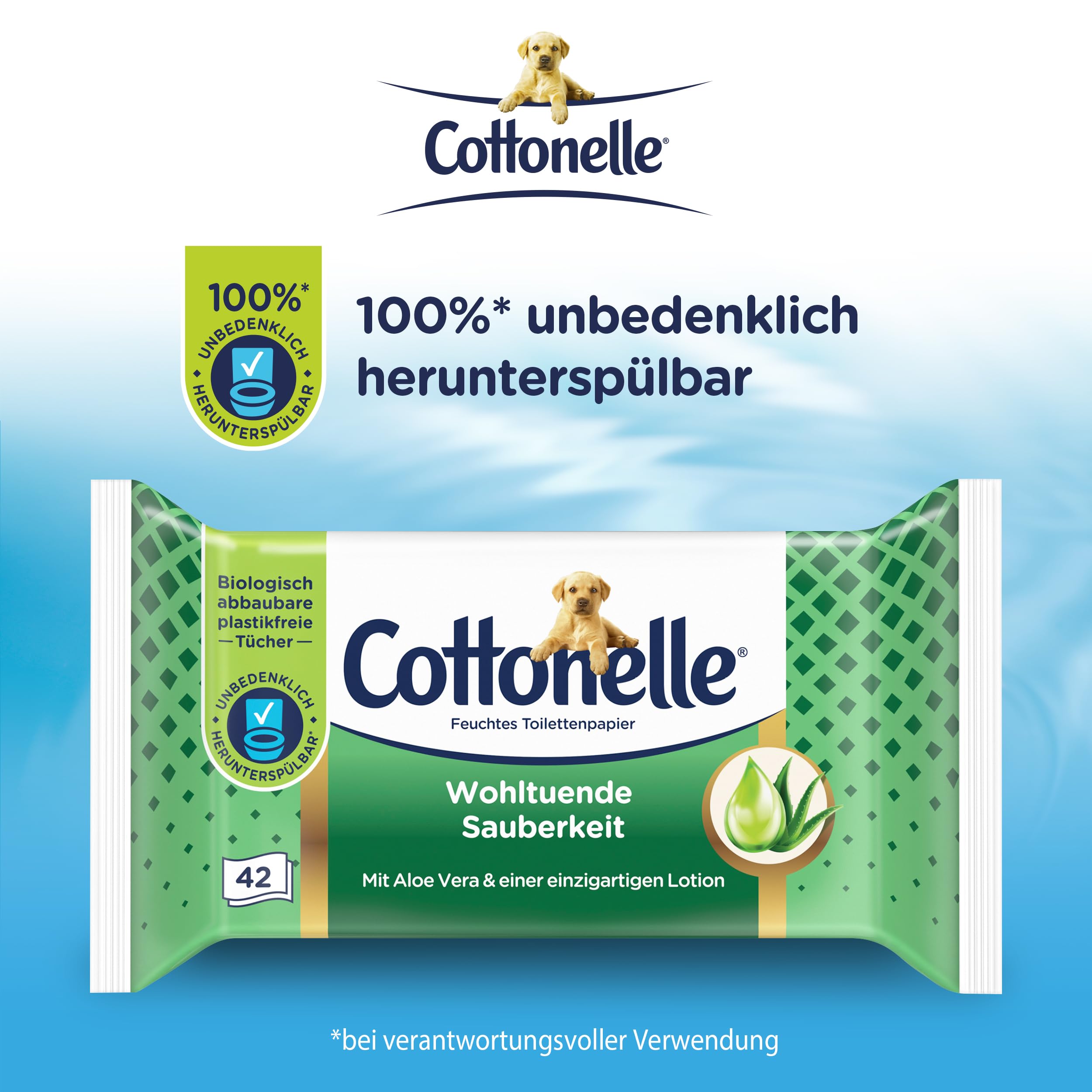 Cottonelle Feuchtes Toilettenpapier, Wohltuende Sauberkeit, Mit prebiotischer Lotion, Biologisch Abbaubar, Plastikfrei, Wiederverschließbar, 12 x 42 Feuchttücher 2