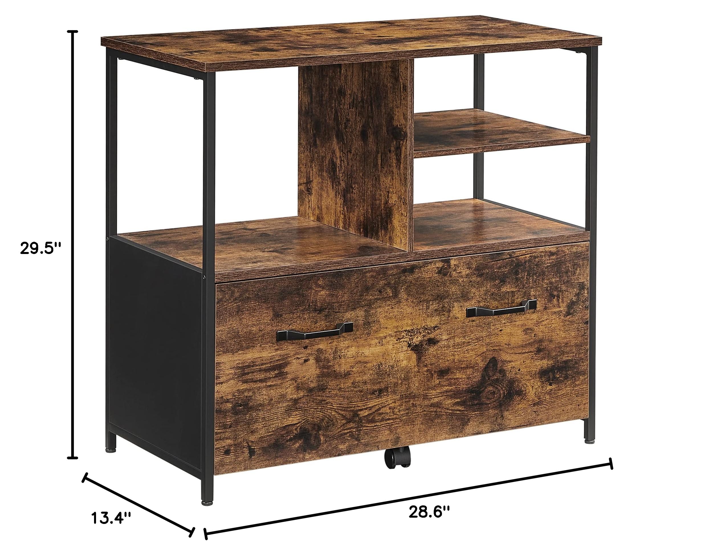VASAGLE Lateral File Cabinet with Open Shelves and Drawer, for A4, Letter and Legal Sized Documents, Printer Stand, Rustic Brown + Black