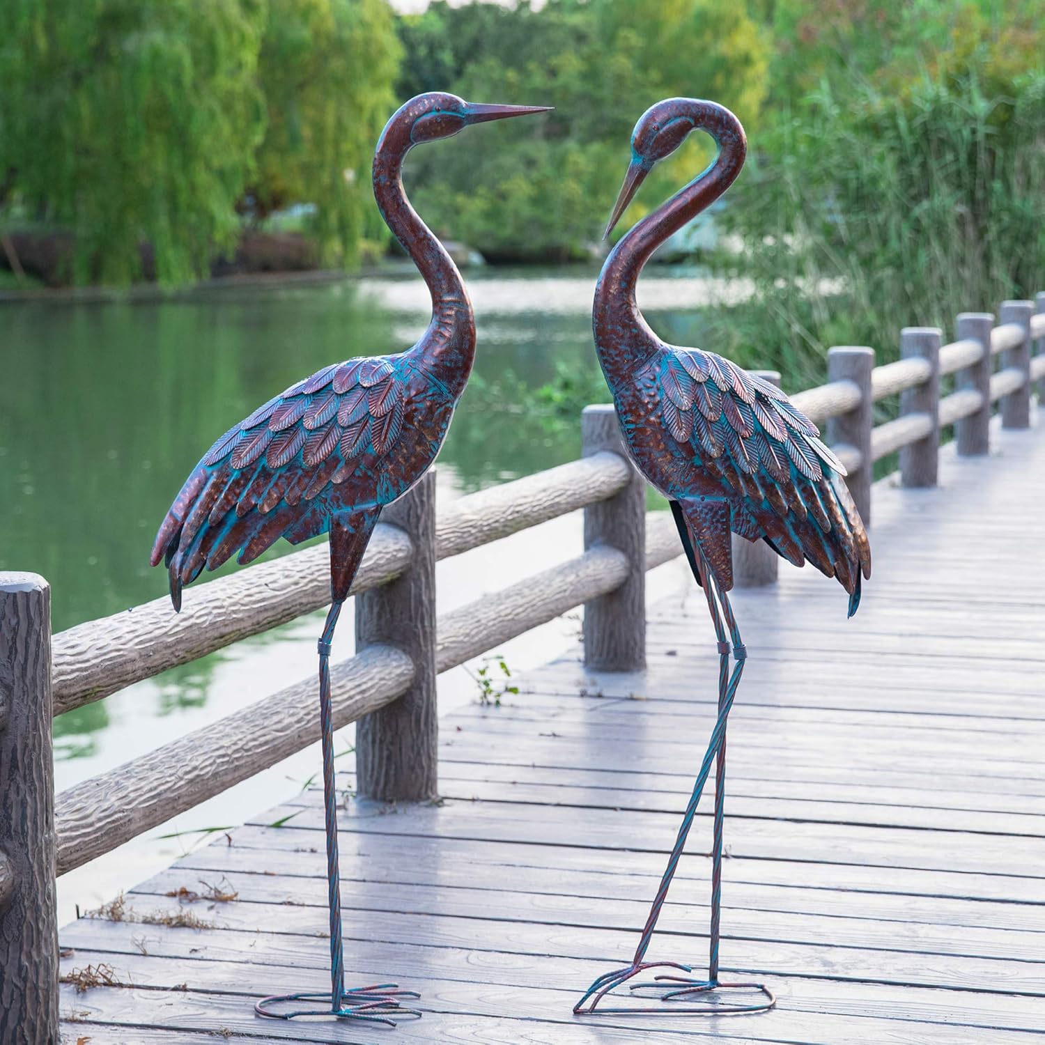 Kircust Garden Crane Statues Patina Heron Decoy, Standing Metal Crane Sculptures Bird Yard Art for Outdoor Decor, Set of 2: Home & Kitchen