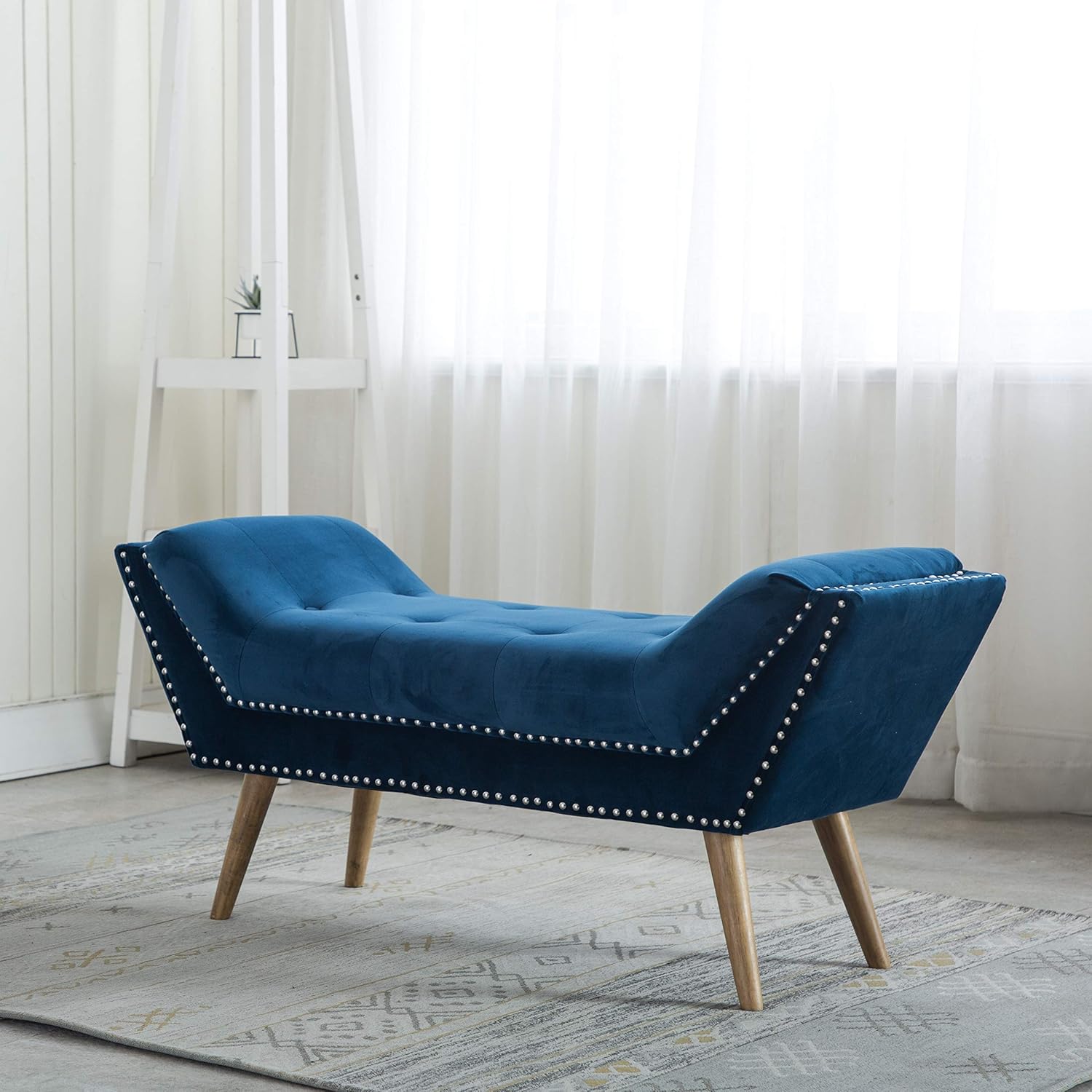 Tufted Upholstered Bedroom Bench Fabric Rustic Ottoman Footstool For End Of Bed Living Room Entryway Hallway Navy Blue