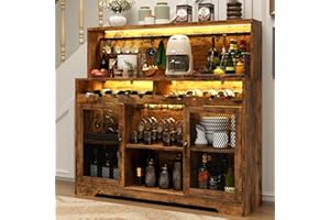 Loomie Wine Bar Cabinet with LED Light, Liquor Cabinet with Glass Holder, Coffee Bar for Liquor, Storage Buffet with Wine Racks, Wine Cabinet with Mesh Door (Rustic)