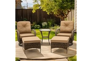 EROMMY 5 Pieces Outdoor Swivel Rocker Patio Chairs, 360 Degree Rocking Patio Conversation Set with Thickened Cushions, Glass Coffee Table and Ottomans for Backyard, Khaki