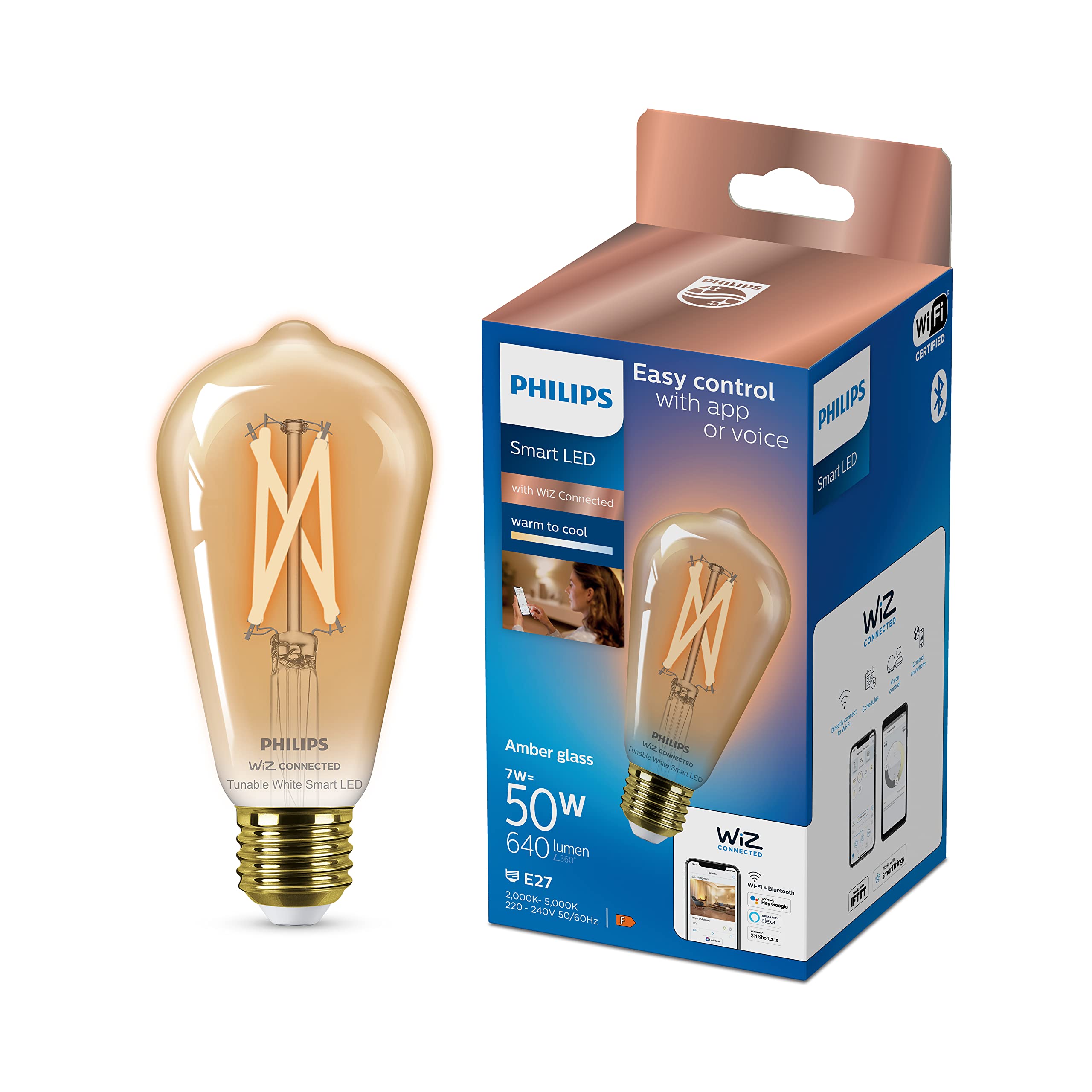 Philips Filament Bulb Amber 7W Eq.50W ST64 E27 Smart Bulb Gold Translucent LED E