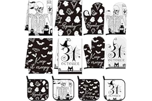 Pickmesh 12 Pcs Halloween Kitchen Towels and Oven Mitt Sets 4 Skeleton Oven Mitts 4 Skeleton Dish Towels and 4 Skeleton Pot Holders Cooking Accessories for Halloween Kitchen Decoration