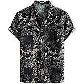 PARKLEES Men's Cotton Linen Vintage Pattern Printed Old Style Shirt Casual Short Sleeve Button Down Retro Shirts