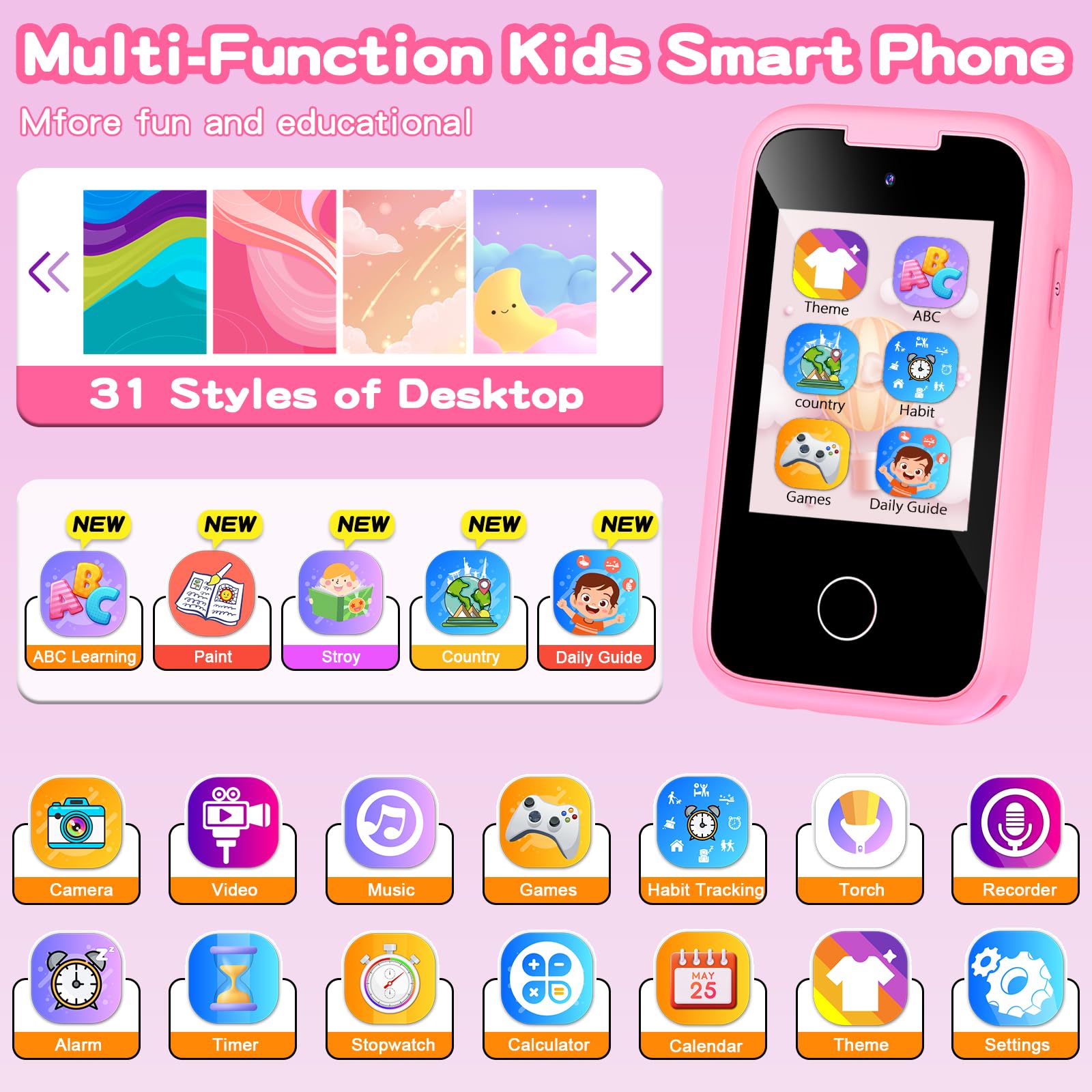 ASIUR Kids Smart Phone for Girls Children's Christmas Birthday Gift for Boys, Toddler Pretend Smartphone Play Fake Cellphone with Games, MP3 Music Player, 3 4 5 6 7 8 9 10 Years Old Toys(Pink)