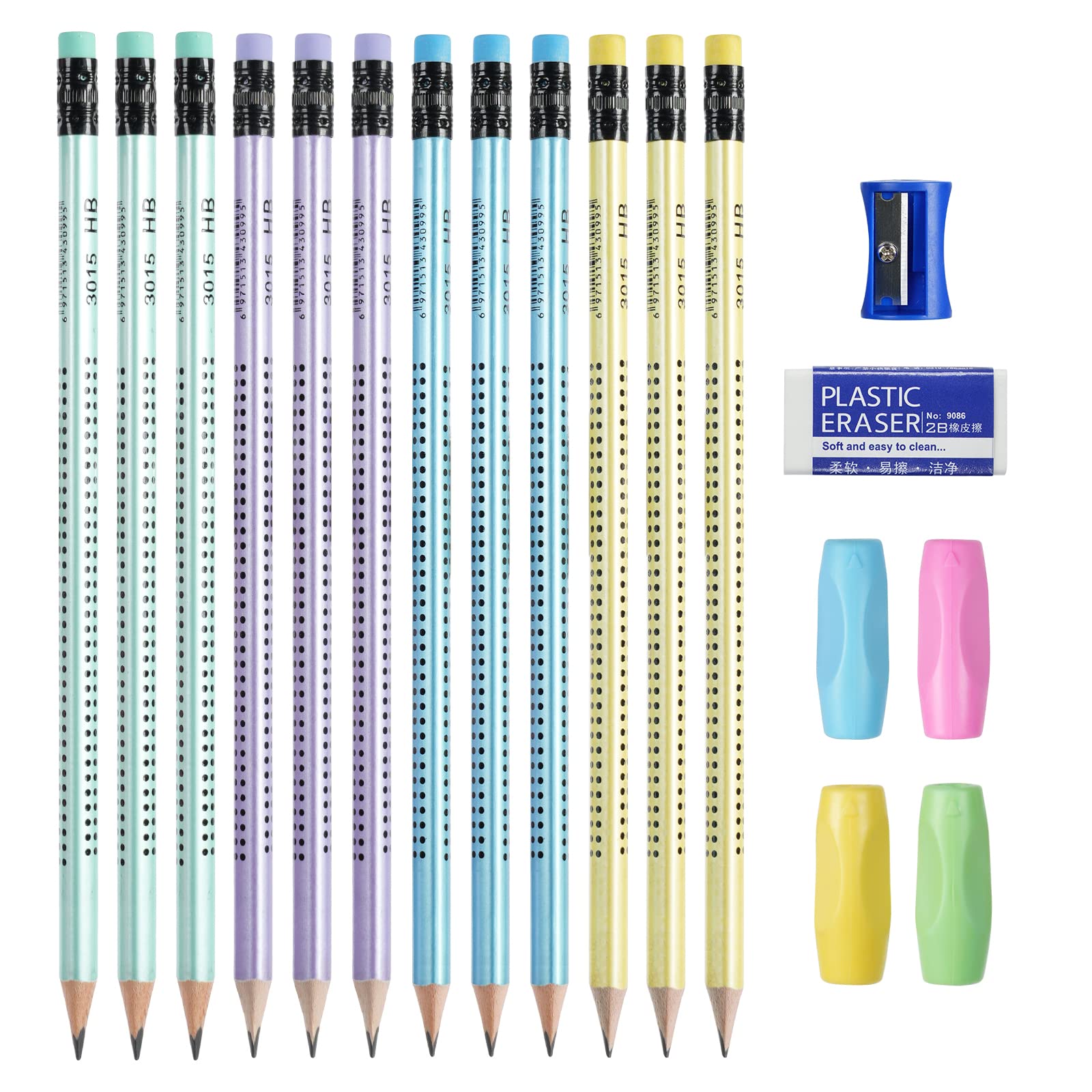 OFFCUP HB Pencils, 12pcs With Rubbers, Presharpened Writing Pencils With Rubbers on The End, 4 Pen Holders, Pencil Sharpener for School Children Handwriting and Drawing