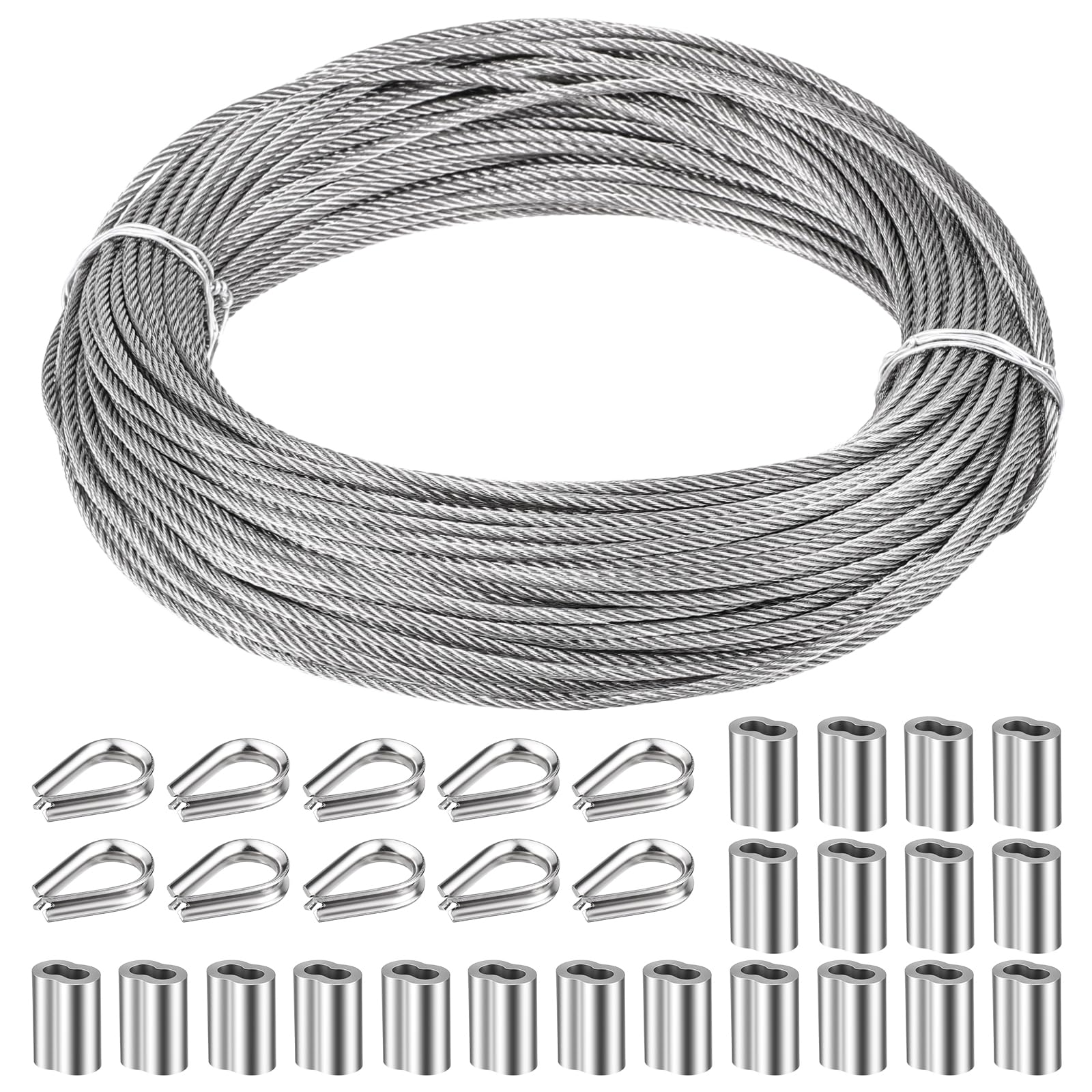 Photo 1 of 1/8" Stainless Steel Cable 100ft Wire Rope Metal Cable with Loop Sleeve and Steel Thimble 7x7 Strand Core Metal Wire for Deck Railing Stair Handrail Balusters Clothesline