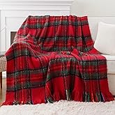 BATTILO Christmas Plaid Throw Blanket for Couch Bed, Mohair Red Tartan Plaid Blankets, Soft Cashmere Checkered Pattern, Red Christmas Throw Blankets for Home Decor (50"x60")