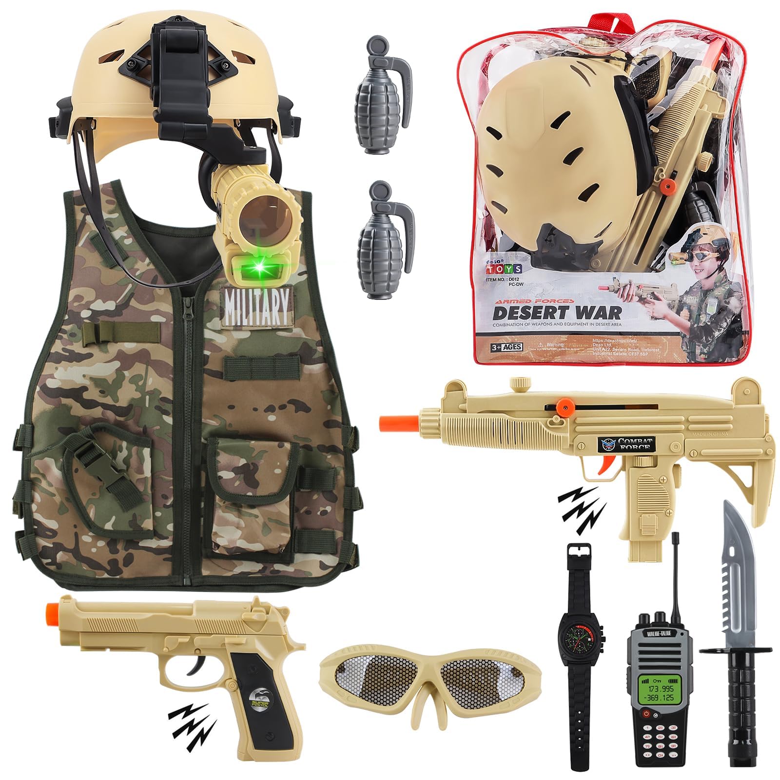 deAO Military Soldier Camouflage Desert War Costume Set with Helmet, Toy Shotgun, Grenades, Accessories, and Storage Backpack, Army Roly Play Toys, Washable Soldier Dress- Great Gift for Kids