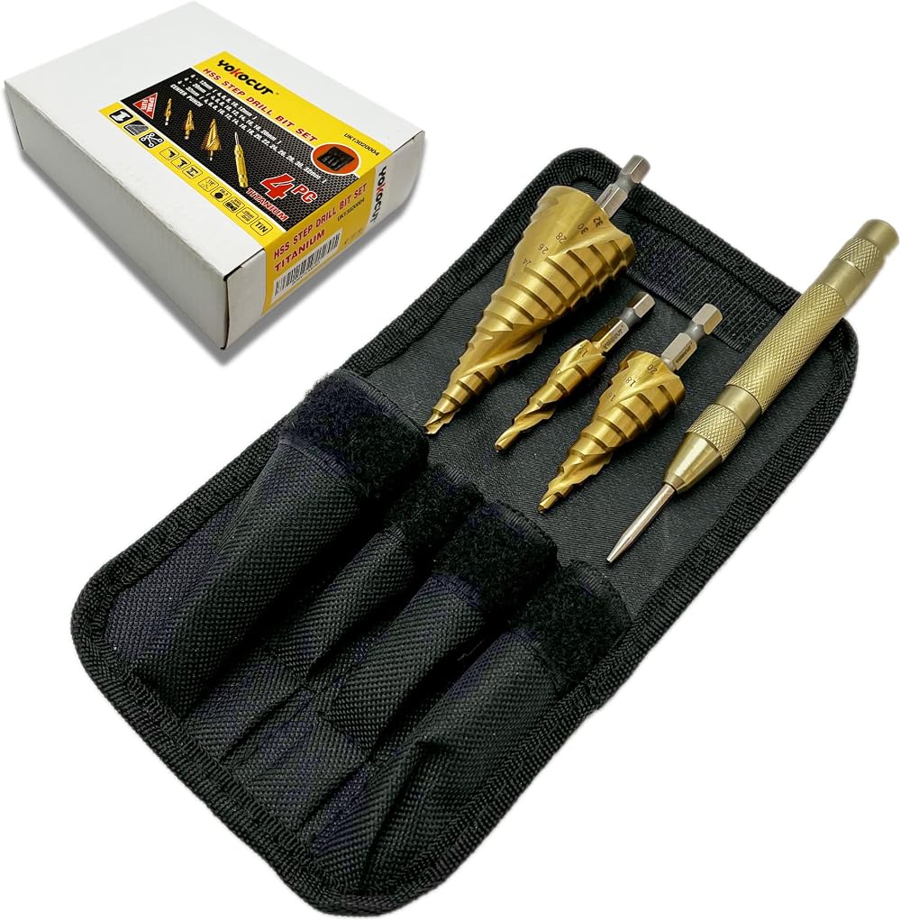 YOKOCUT HSS Titanium Step Drill Bit Set 4-12/20/32mm 3-Piece + Center Punch